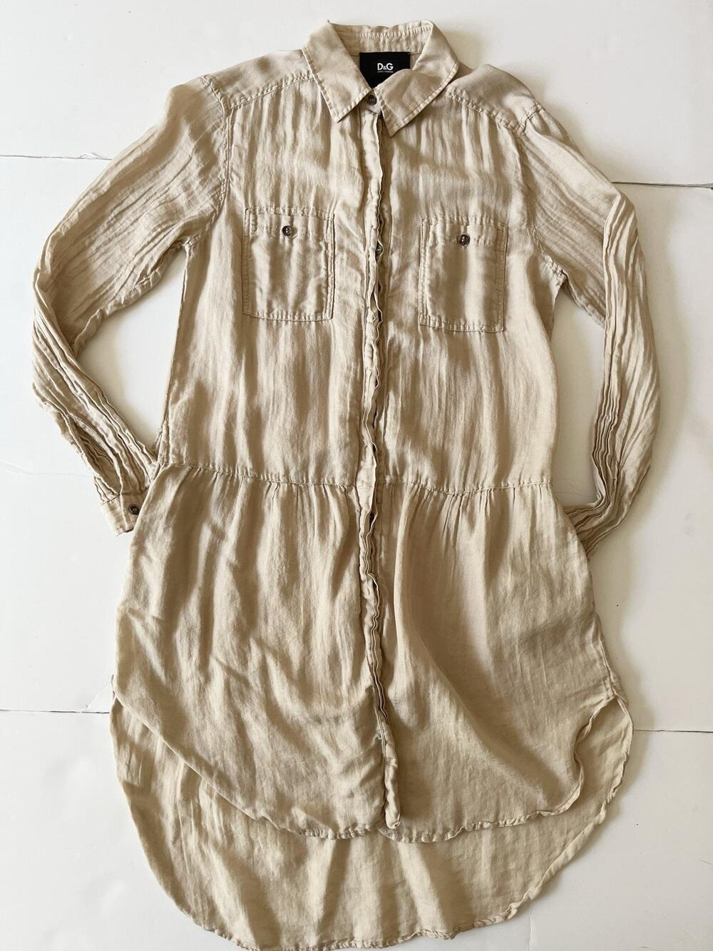 D&G Dolce Gabbana Dress Womens 42 Beige Cotton Silk Hi Low Shirt Dress Pockets